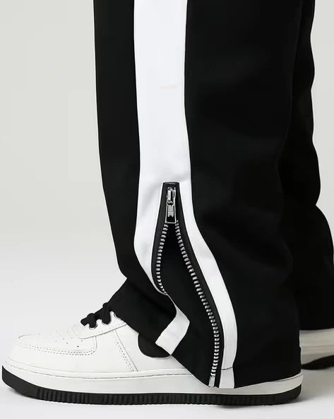 Black Side Stripe Zipper Track Pants – Premium Korean Streetwear Slim Baggy Fit Joggers (Unisex Urban Style India)