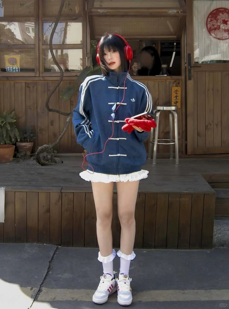 Oversized Blue Chinese Knot Jacket for Women – Korean Streetwear High Neck Casual Zip-Up Jacket