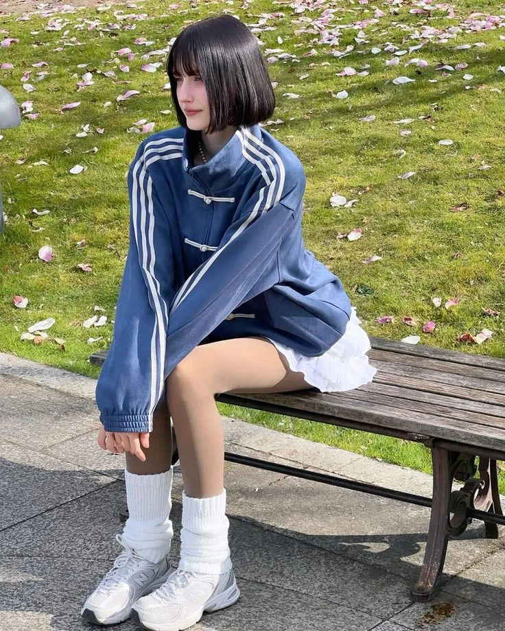 Oversized Blue Chinese Knot Jacket for Women – Korean Streetwear High Neck Casual Zip-Up Jacket