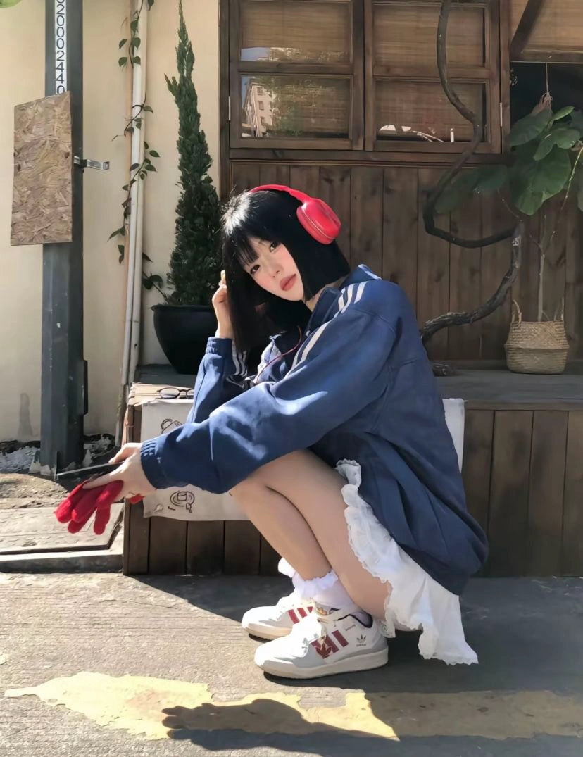 Oversized Blue Chinese Knot Jacket for Women – Korean Streetwear High Neck Casual Zip-Up Jacket