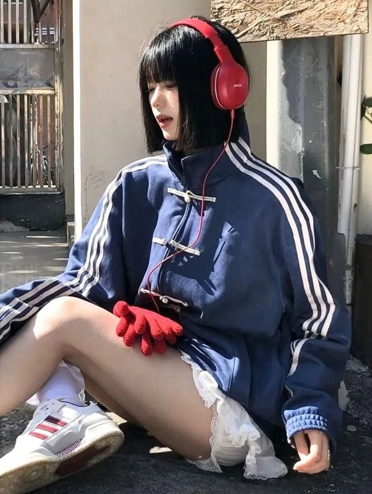 Oversized Blue Chinese Knot Jacket for Women – Korean Streetwear High Neck Casual Zip-Up Jacket