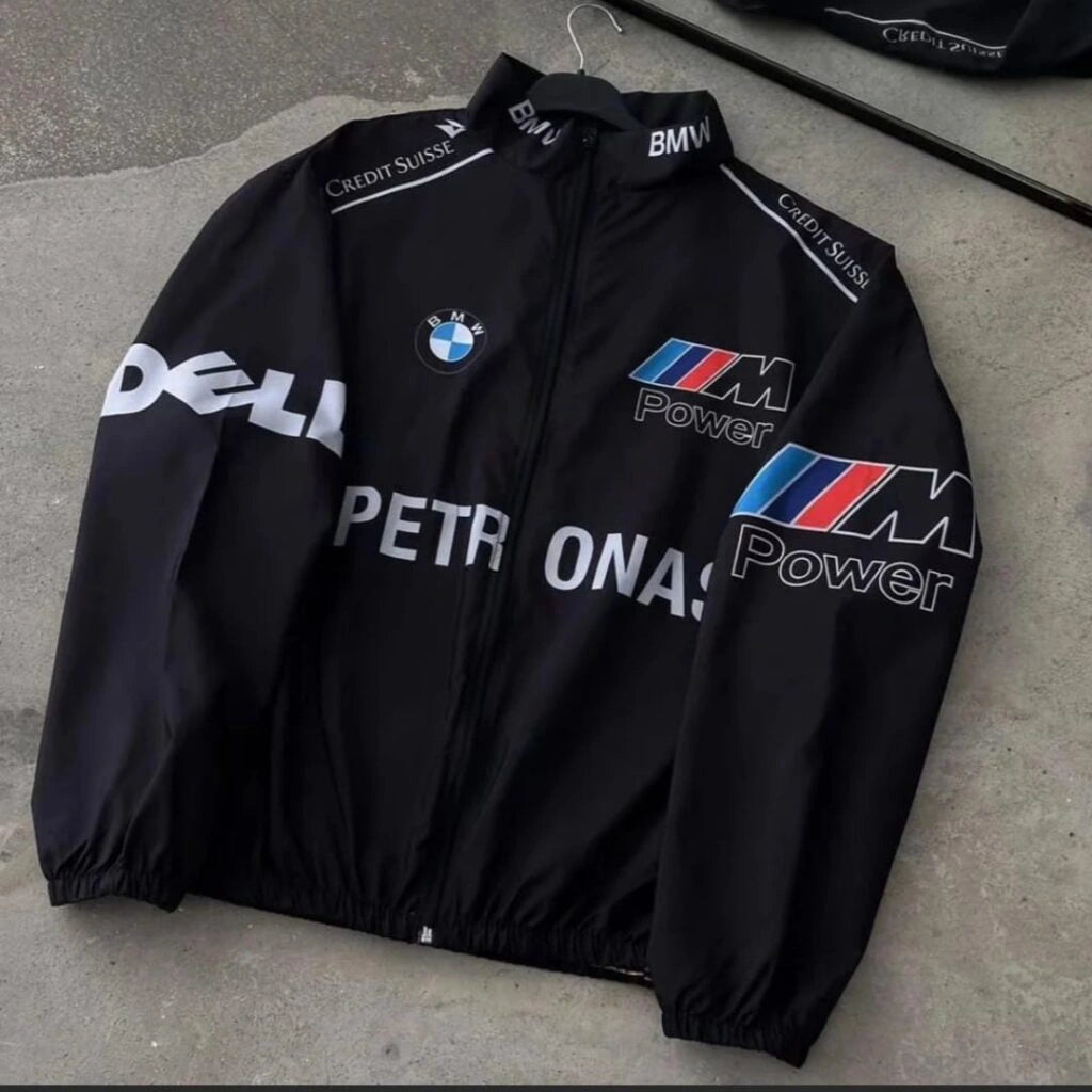 BMW M Power Racing Jacket – Black Motorsport Streetwear Zip-Up Jacket | Formula 1 Style Oversized Jacket for Men & Women