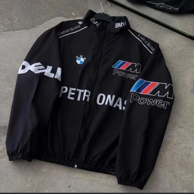 BMW M Power Racing Jacket – Black Motorsport Streetwear Zip-Up Jacket | Formula 1 Style Oversized Jacket for Men & Women