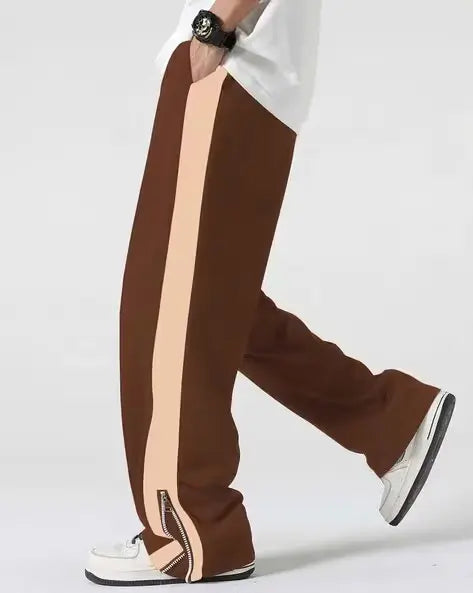 Brown Side Stripe Zipper Track Pants – Korean Streetwear Baggy Fit Joggers (Unisex Urban Style India)