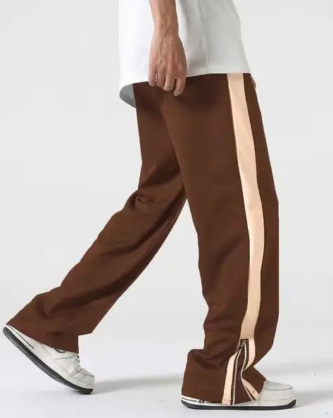 Brown Side Stripe Zipper Track Pants – Korean Streetwear Baggy Fit Joggers (Unisex Urban Style India)