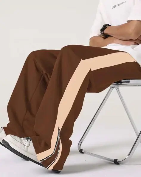 Brown Side Stripe Zipper Track Pants – Korean Streetwear Baggy Fit Joggers (Unisex Urban Style India)