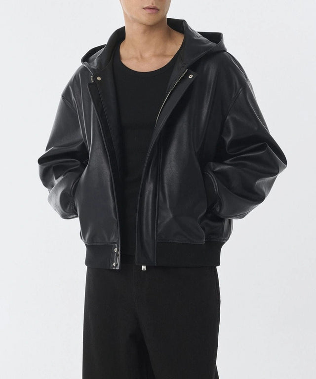 Black Faux Leather Hoodie Jacket – Oversized Minimal Streetwear Zip-Up Hooded Jacket for Men & Women