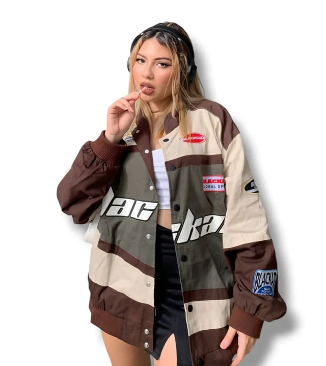 Blackair Motorsports Racing Jacket – Brown Beige Streetwear Oversized Jacket | Vintage Motorsport Style Unisex Outerwear
