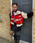 Blackair Racing Jacket – Red, Black & Beige Motorsport Streetwear Varsity Jacket | Oversized Unisex Racing Jacket