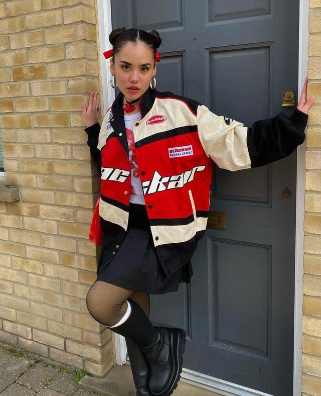 Blackair Racing Jacket – Red, Black & Beige Motorsport Streetwear Varsity Jacket | Oversized Unisex Racing Jacket