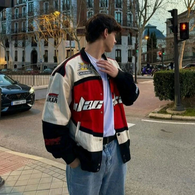 Blackair Vintage Racing Jacket – Red, Black & Beige Oversized Motorsport Streetwear Jacket | Unisex Varsity Style
