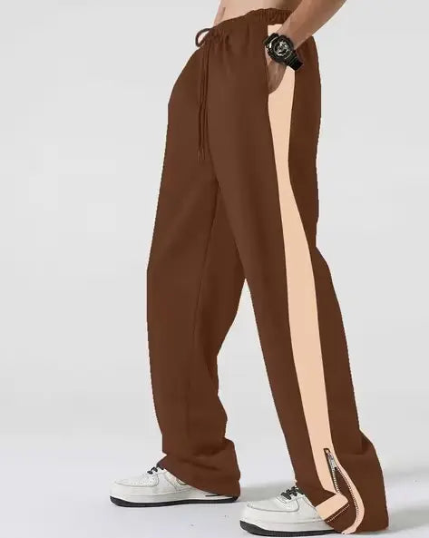 Brown Side Stripe Zipper Track Pants – Korean Streetwear Baggy Fit Joggers (Unisex Urban Style India)