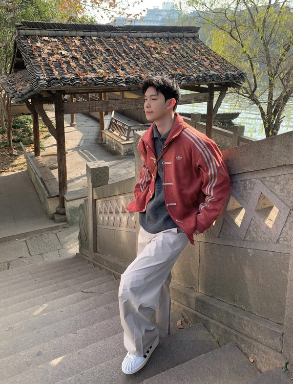 Cherry Red CNY Jacket – Oversized Chinese Knot Streetwear Y2K Aesthetic Jacket for Men