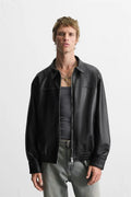 Classic Black Leather Jacket for Men – Minimal Zip-Up Faux Leather Jacket | Premium Streetwear & Casual Outerwear