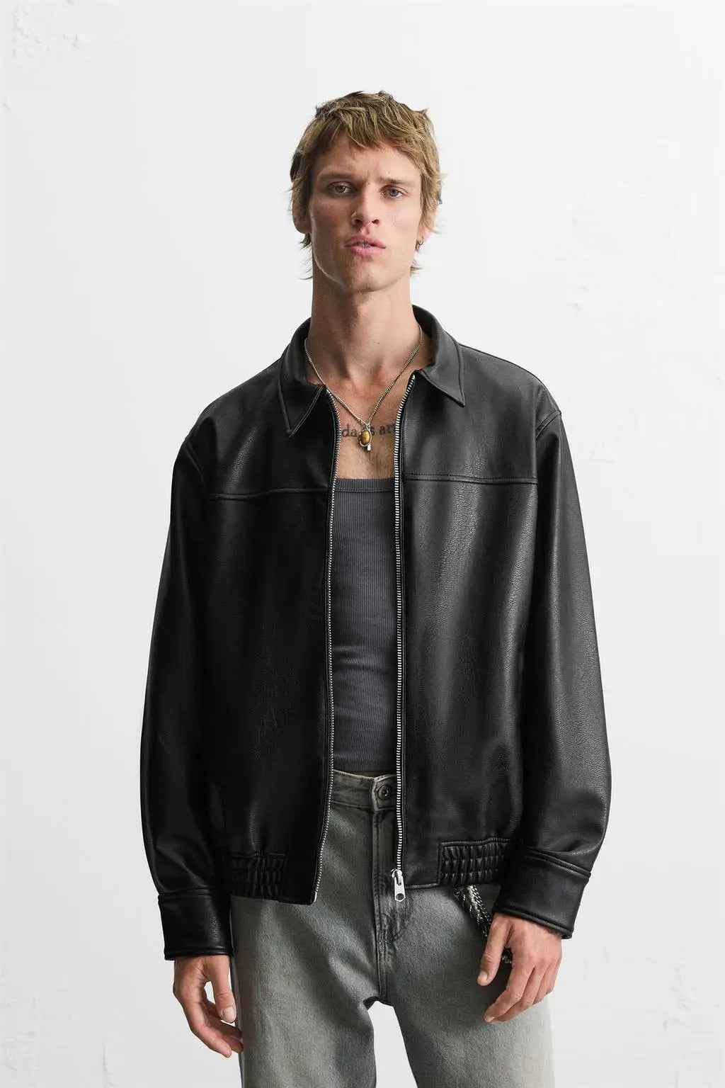 Classic Black Leather Jacket for Men – Minimal Zip-Up Faux Leather Jacket | Premium Streetwear & Casual Outerwear