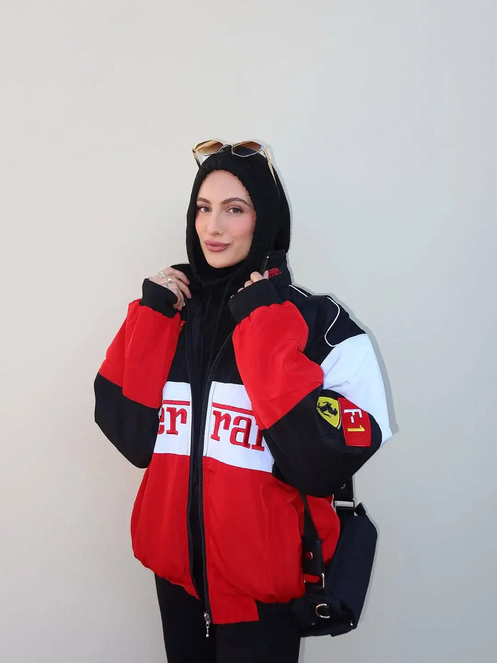 Ferrari F1 Racing Oversized Puffer Jacket – Unisex Streetwear Winter Jacket with Logo Patch Design (Black Red White)