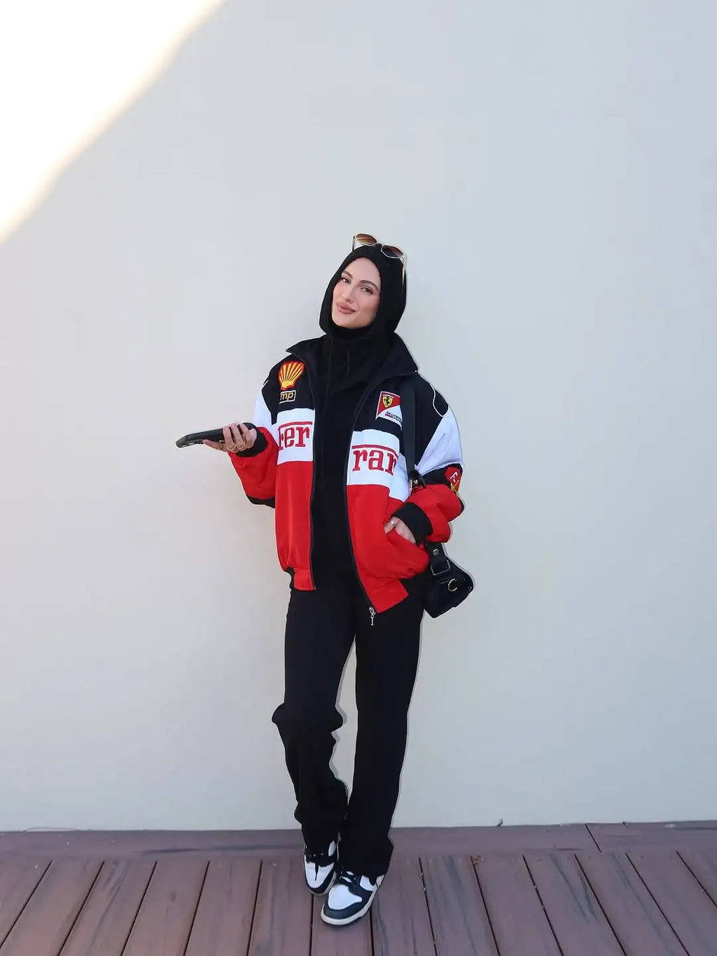 Ferrari F1 Racing Oversized Puffer Jacket – Unisex Streetwear Winter Jacket with Logo Patch Design (Black Red White)