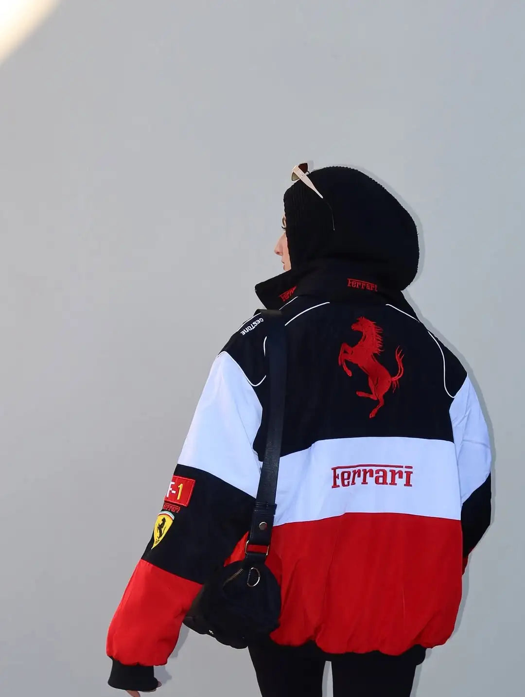 Ferrari F1 Racing Oversized Puffer Jacket – Unisex Streetwear Winter Jacket with Logo Patch Design (Black Red White)