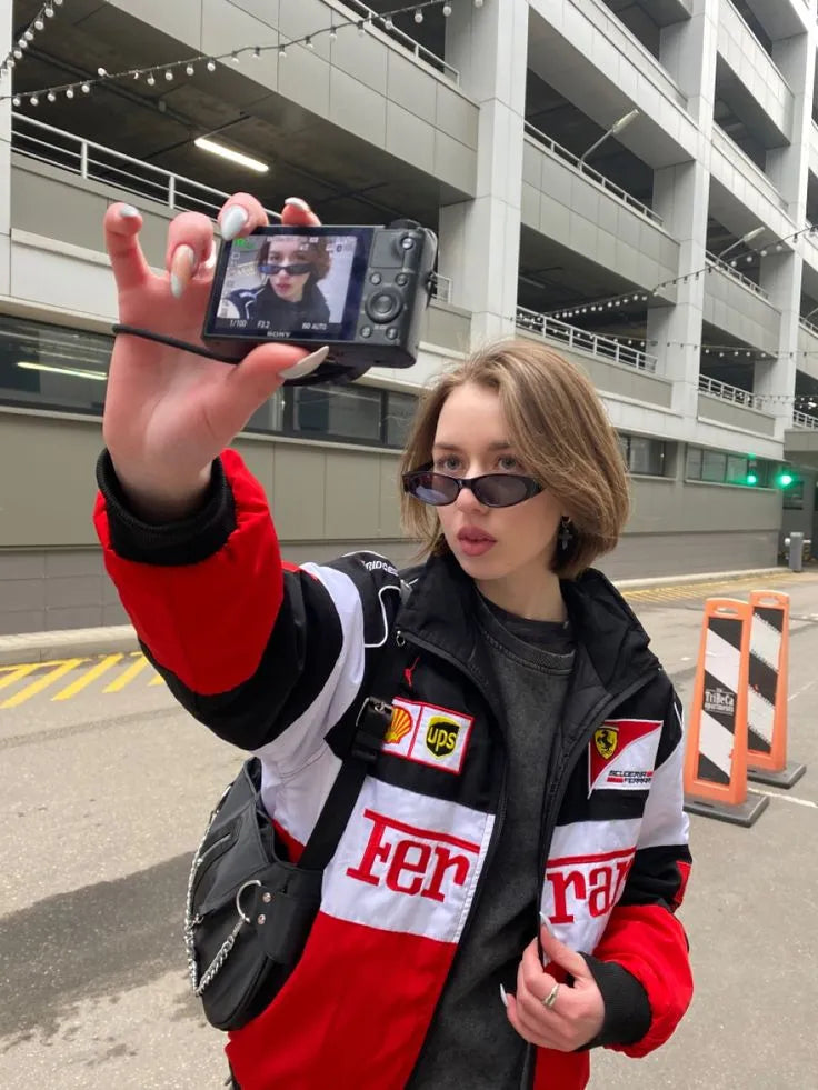 Ferrari F1 Racing Oversized Puffer Jacket for Women – Streetwear Winter Jacket with Logo Patches (Black Red White)