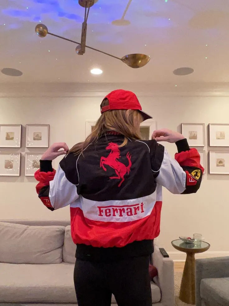 Ferrari F1 Racing Oversized Puffer Jacket for Women – Streetwear Winter Jacket with Logo Patches (Black Red White)