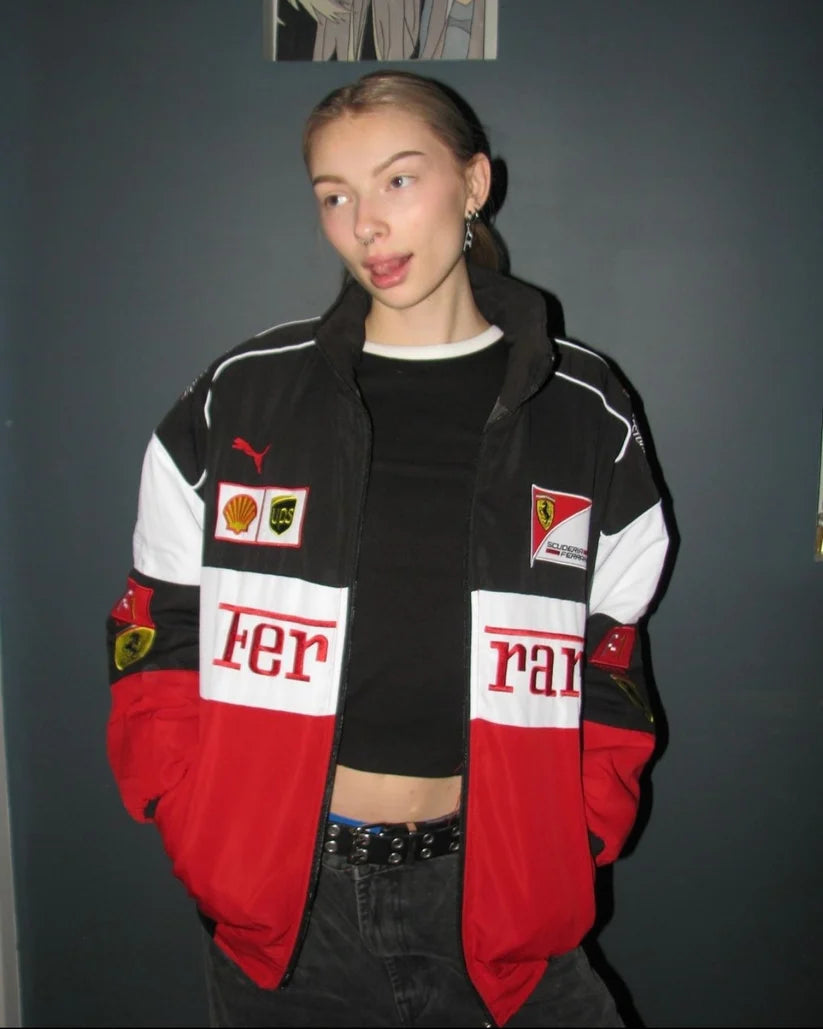 Unisex F1 Racing Jacket Red Black – Vintage Motorsport Streetwear Jacket Oversized Fit