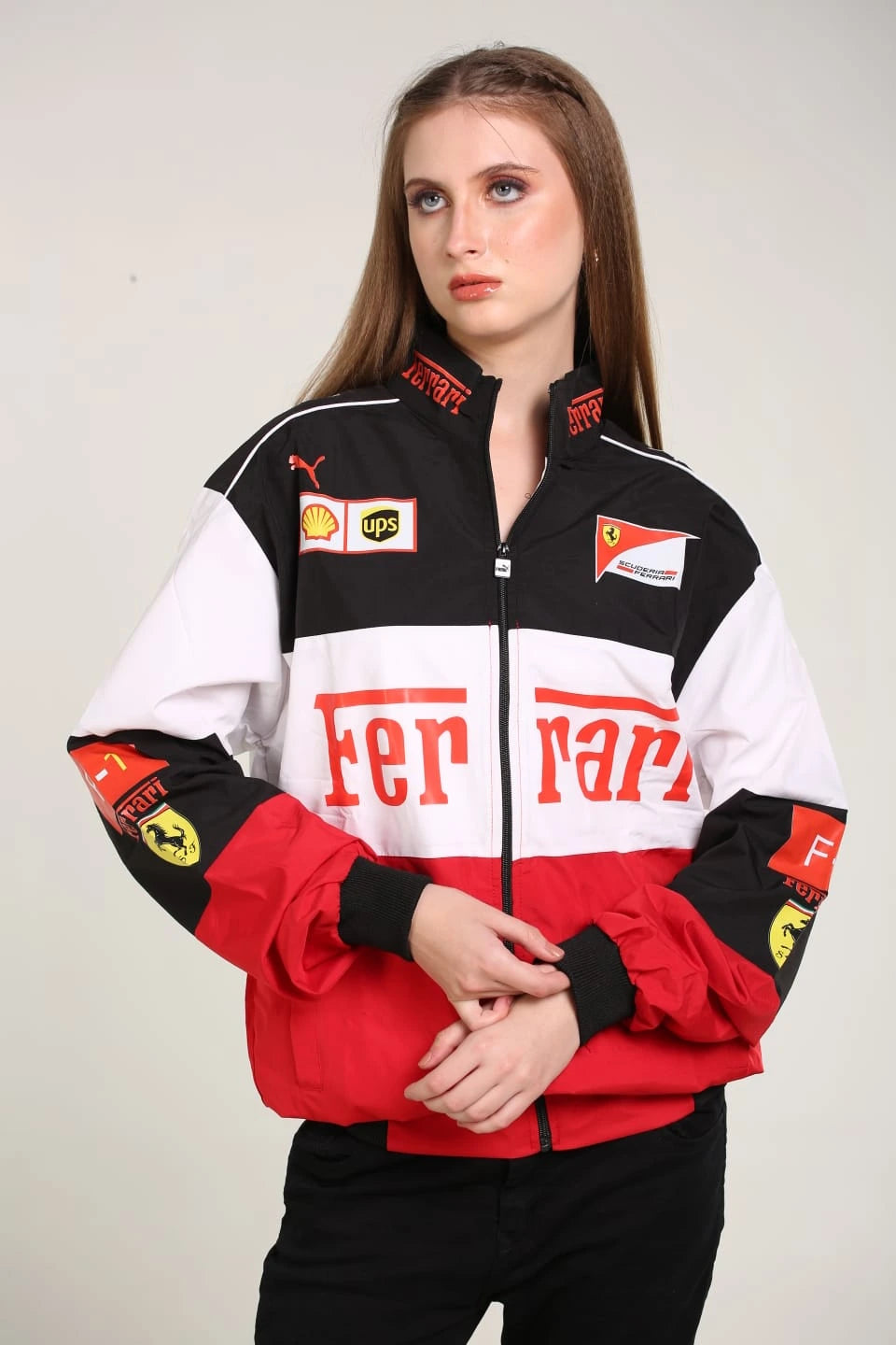Ferrari F1 Racing Jacket for Women – Red Black White Motorsport Streetwear Zip-Up Jacket | Premium Formula 1 Style Outerwear