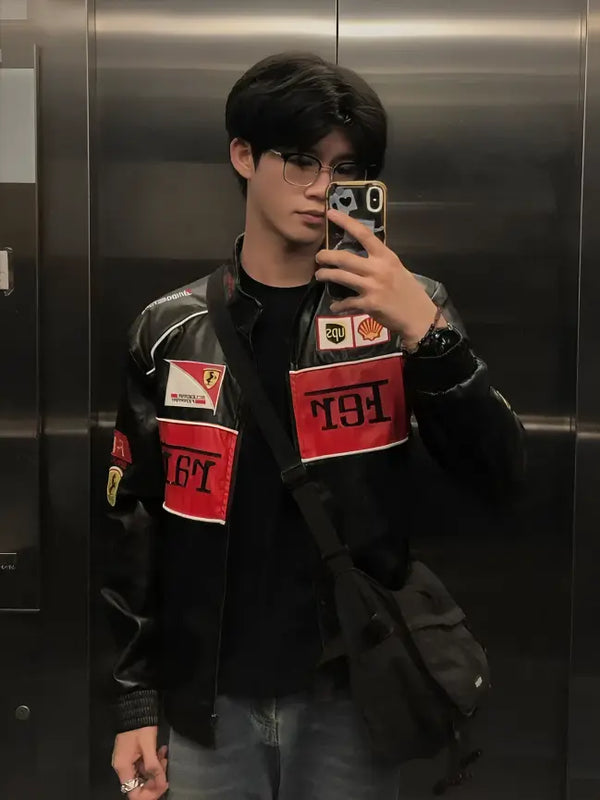 Ferrari F1 Racing Leather Jacket – Black Red Motorsport Streetwear Jacket for Men & Women