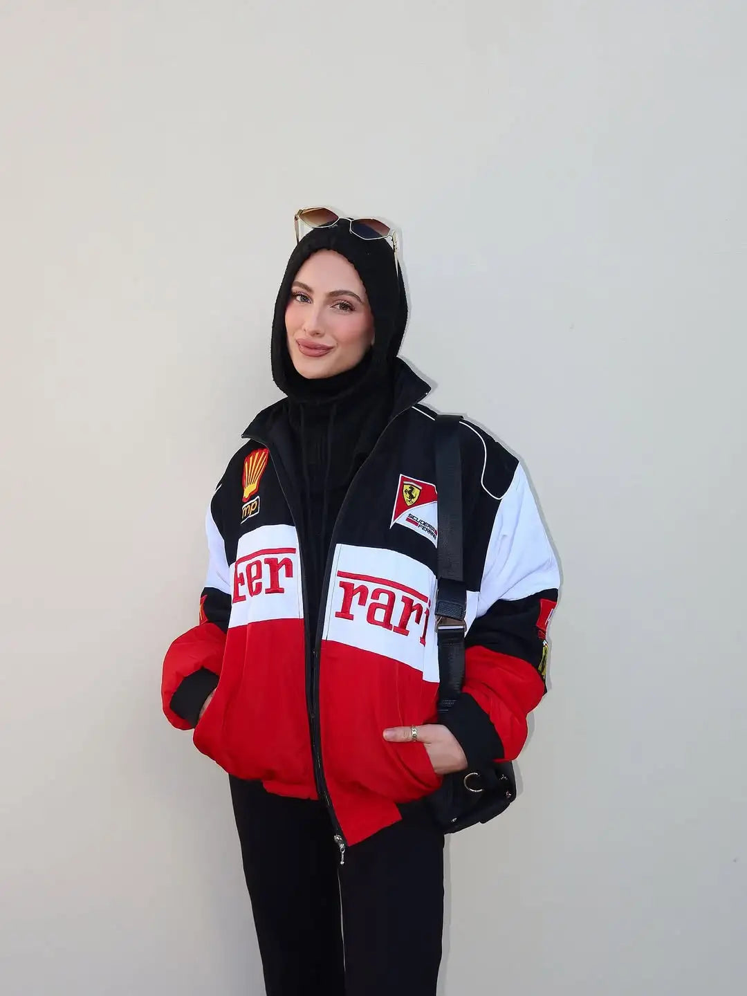Ferrari F1 Racing Oversized Puffer Jacket – Unisex Streetwear Winter Jacket with Logo Patch Design (Black Red White)