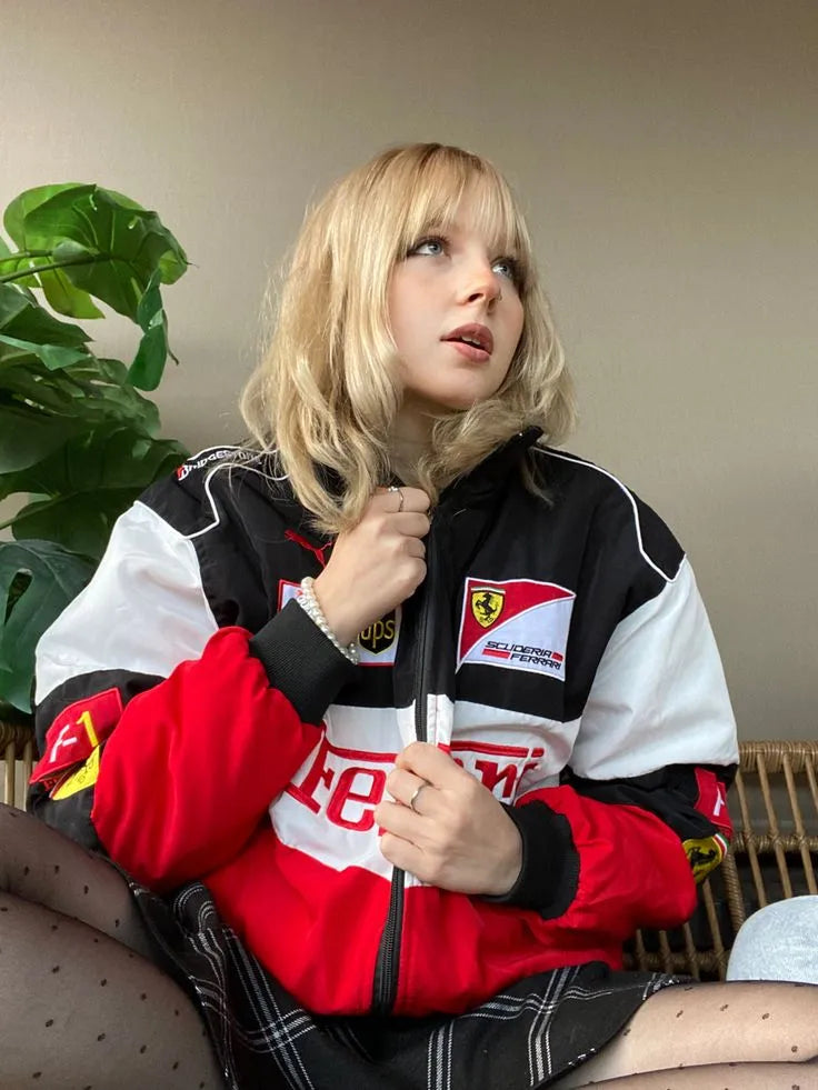Ferrari F1 Racing Oversized Puffer Jacket for Women – Streetwear Winter Jacket with Logo Patches (Black Red White)