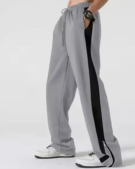 Grey Side Stripe Zipper Track Pants – Korean Streetwear Baggy Fit Joggers (Unisex Urban Style)