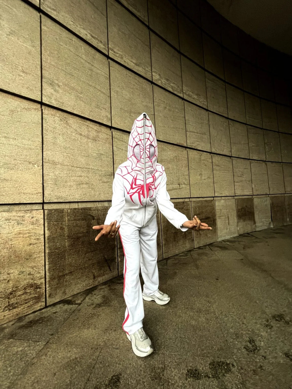 White Spider Zip-Up Mask Hoodie Set – Full Face Streetwear Tracksuit for Men & Women