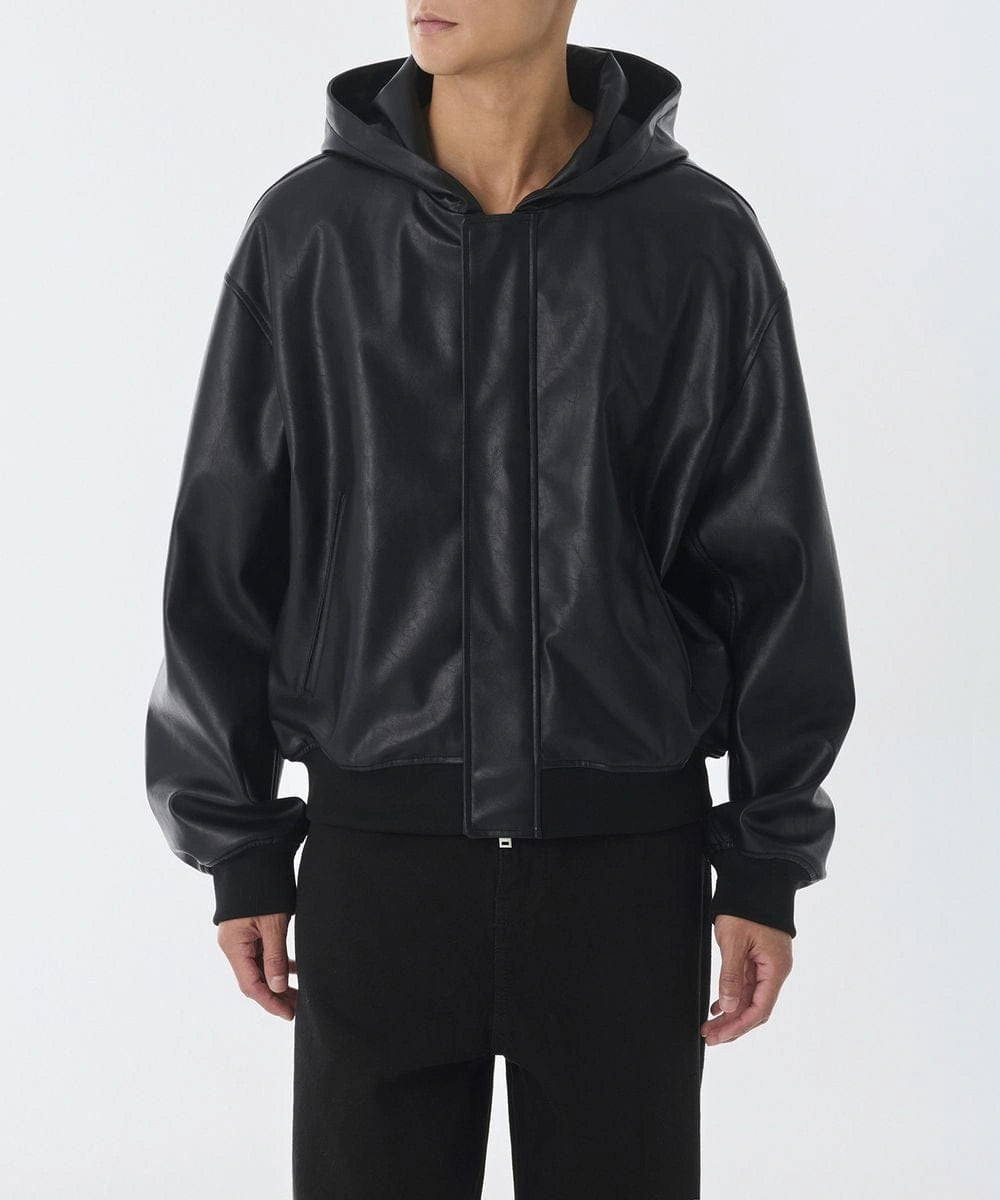 Black Faux Leather Hoodie Jacket – Oversized Minimal Streetwear Zip-Up Hooded Jacket for Men & Women