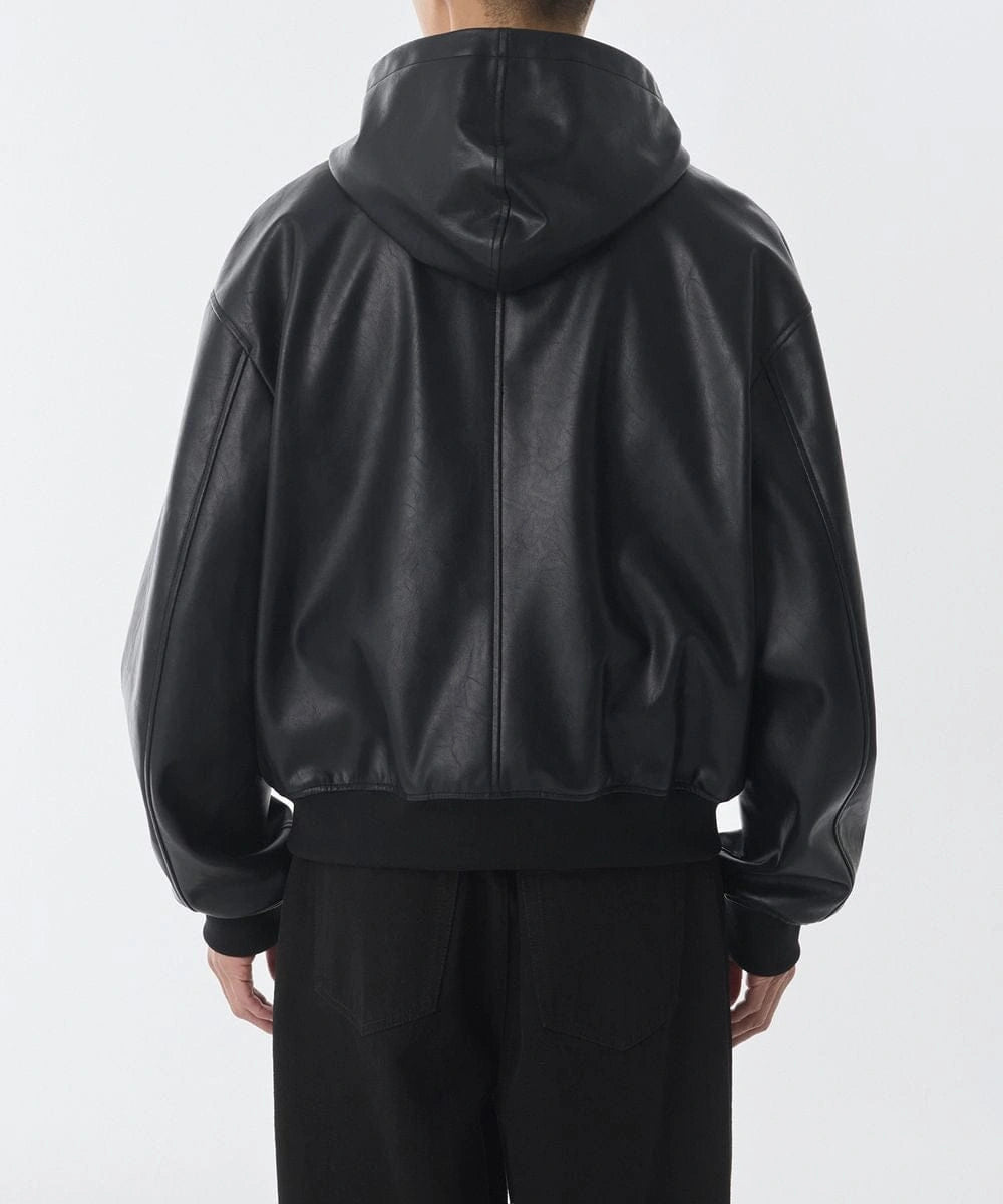 Black Faux Leather Hoodie Jacket – Oversized Minimal Streetwear Zip-Up Hooded Jacket for Men & Women