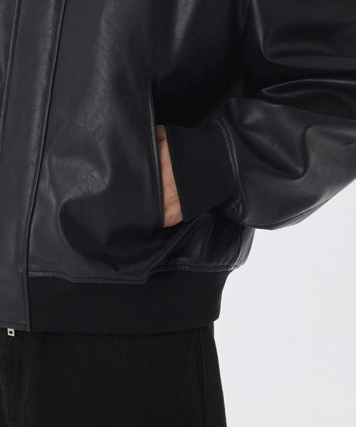 Black Faux Leather Hoodie Jacket – Oversized Minimal Streetwear Zip-Up Hooded Jacket for Men & Women