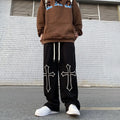 Men’s Black Cross Print Oversized Track Pants – Wide Leg Streetwear Baggy Joggers