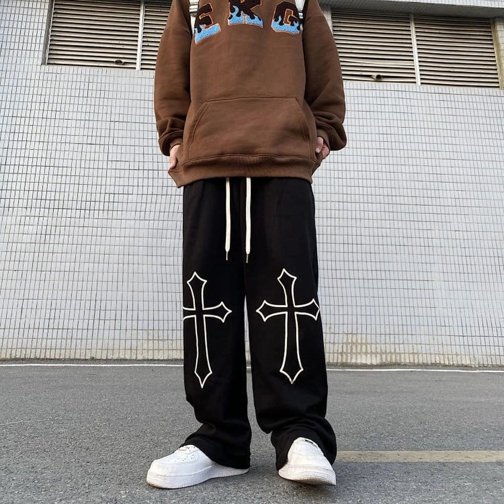 Men’s Black Cross Print Oversized Track Pants – Wide Leg Streetwear Baggy Joggers