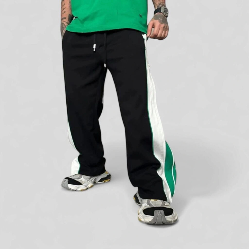 Green Men’s Black Track Pants Side Panel & Zip Detail – Oversized Streetwear Joggers, Wide Leg Casual Pants for Urban Style