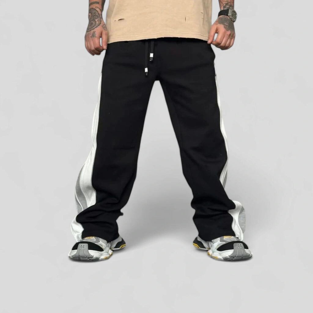 Grey Men’s Black Track Pants with Side Panel & Zip Detail – Oversized Streetwear Wide Leg Joggers