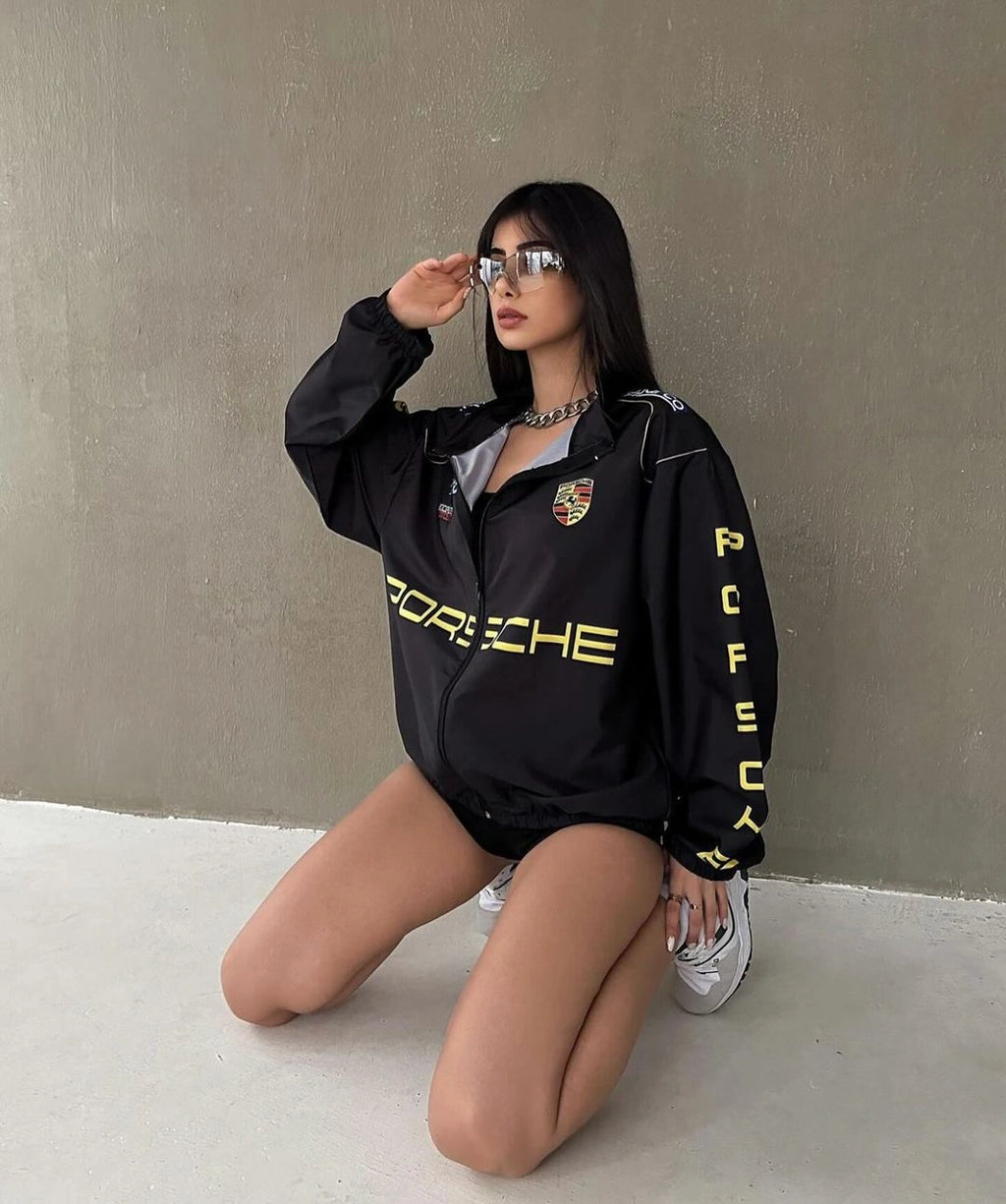 Dynamic Porsche Racing Oversized Streetwear Jacket for Women – Black Motorsport Windbreaker with Logo Print