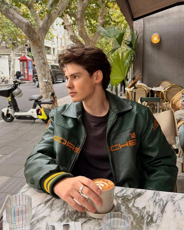 Porsche Style Racing Leather Jacket – Dark Green Motorsport Varsity Jacket | Premium Streetwear Zip-Up Jacket for Men