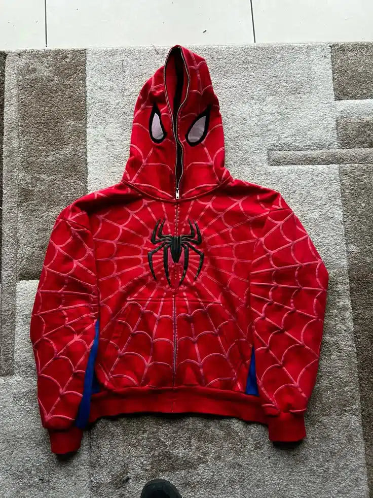 Red Spider Web Zip-Up Hoodie – Stylish Streetwear Jacket for Men & Women