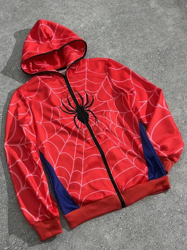 Red Spider Web Zip-Up Hoodie – Stylish Streetwear Jacket for Men & Women
