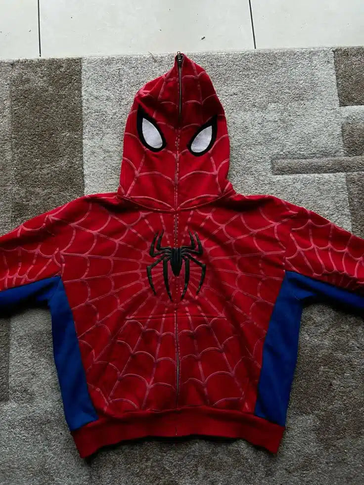 Red Spider Web Zip-Up Hoodie – Stylish Streetwear Jacket for Men & Women