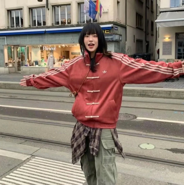 Red CNY Style Track Jacket for Women – Oversized Streetwear Chinese Knot Zip-Up Jacket