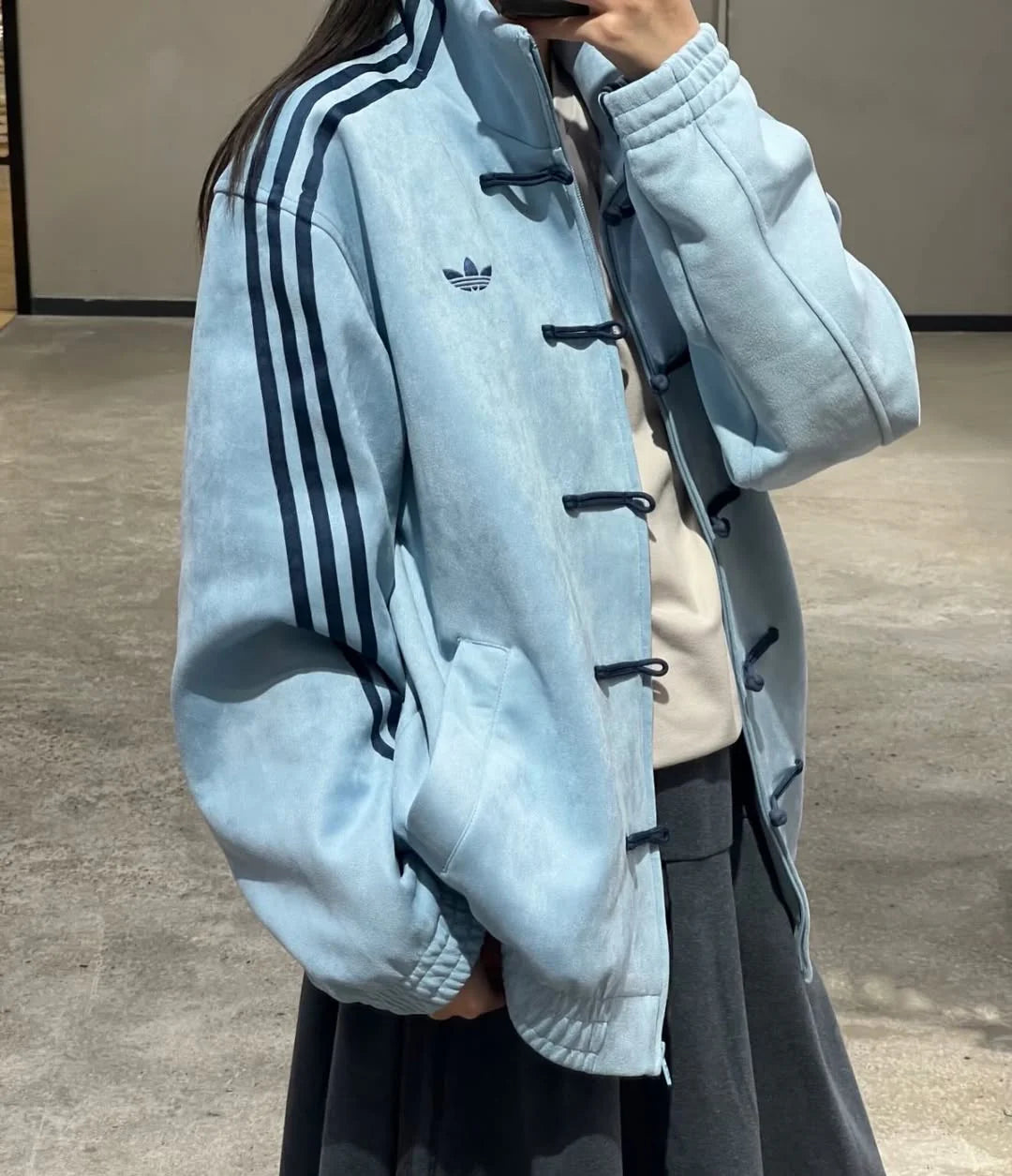 Sky Blue CNY Jacket – Oversized Chinese Knot Streetwear Y2K Aesthetic Jacket for Women