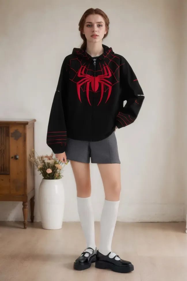 Spiderman Zip Hoodie – Full Face Spider Hoodie Y2K Streetwear Cosplay Jacket