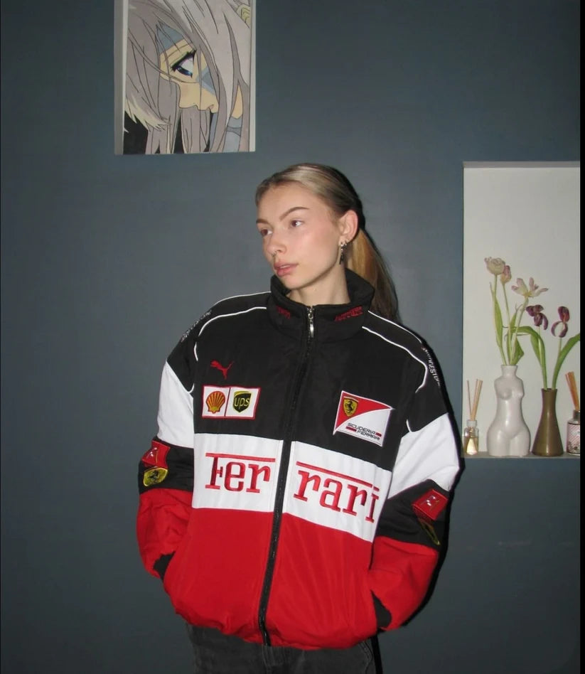 Unisex F1 Racing Jacket Red Black – Vintage Motorsport Streetwear Jacket Oversized Fit