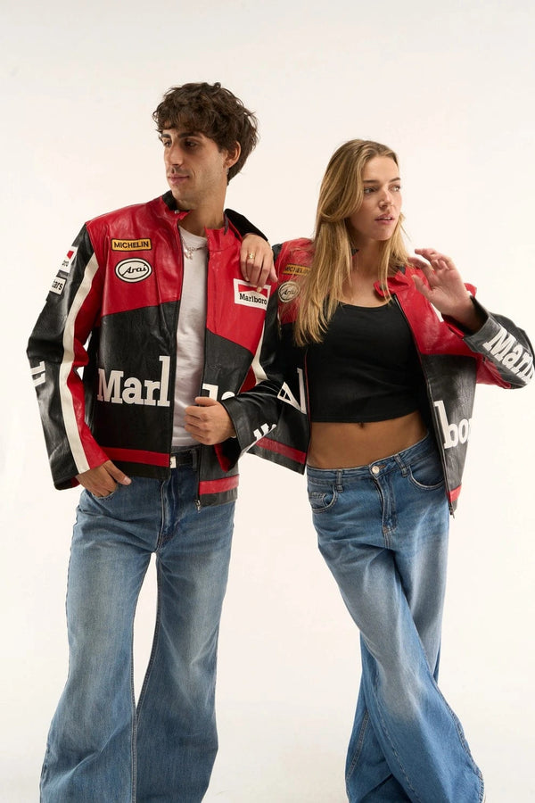 Vintage Racing Leather Jacket Red & Black – Retro Moto Biker Streetwear Jacket | Unisex Oversized Motorsport Jacket