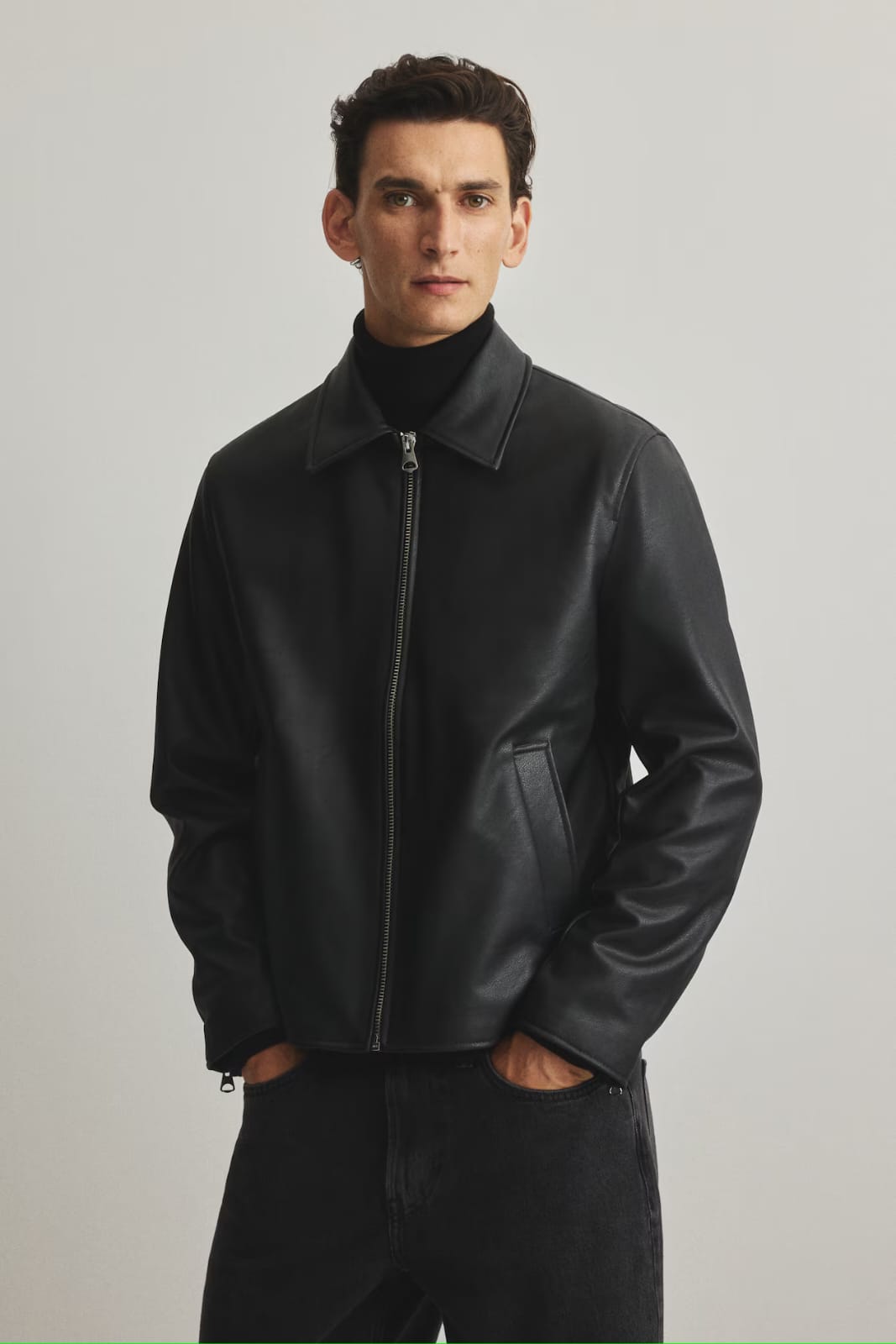 Men’s Black Leather Jacket – Premium Minimal Zip-Up Classic Street Style Jacket