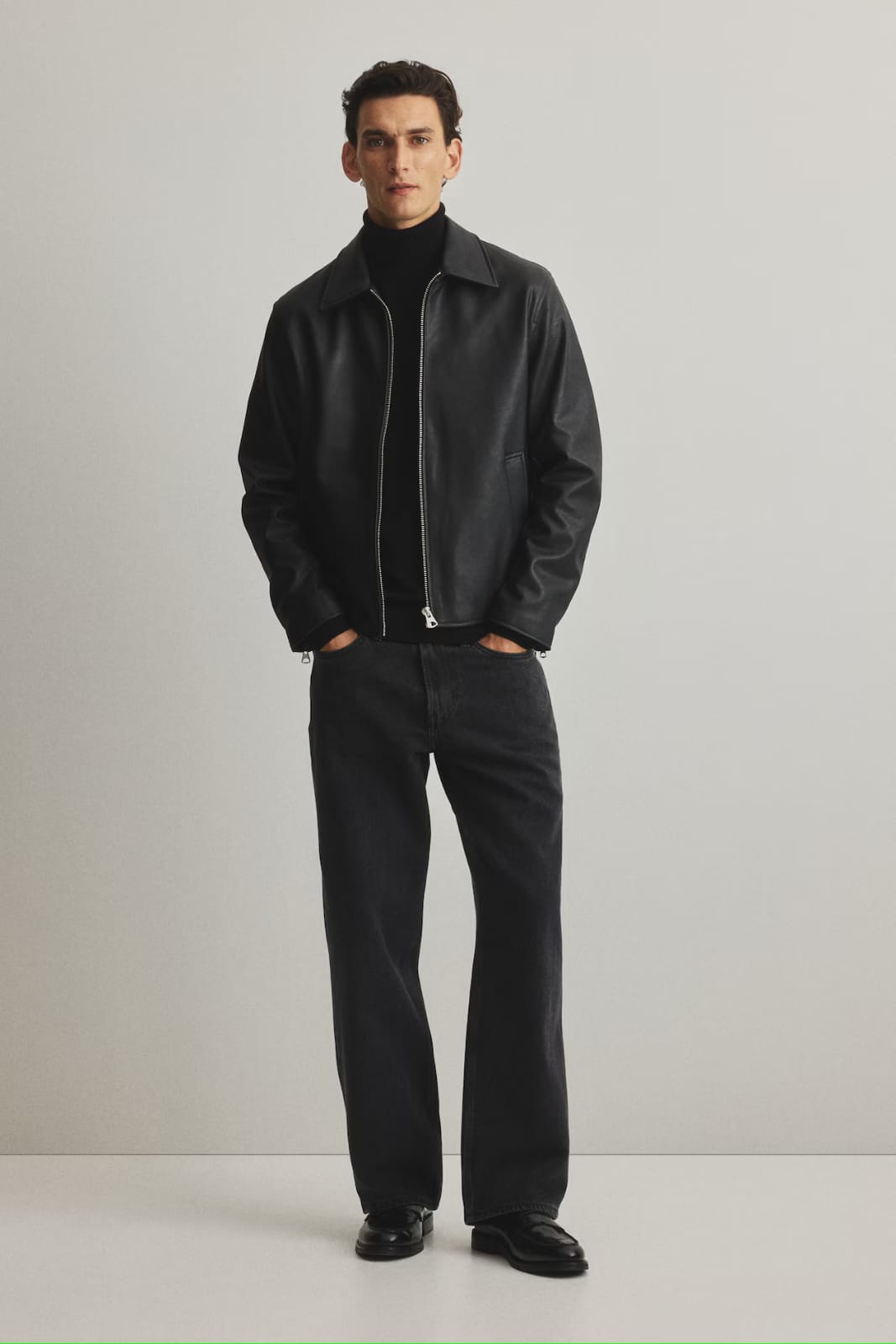 Men’s Black Leather Jacket – Premium Minimal Zip-Up Classic Street Style Jacket